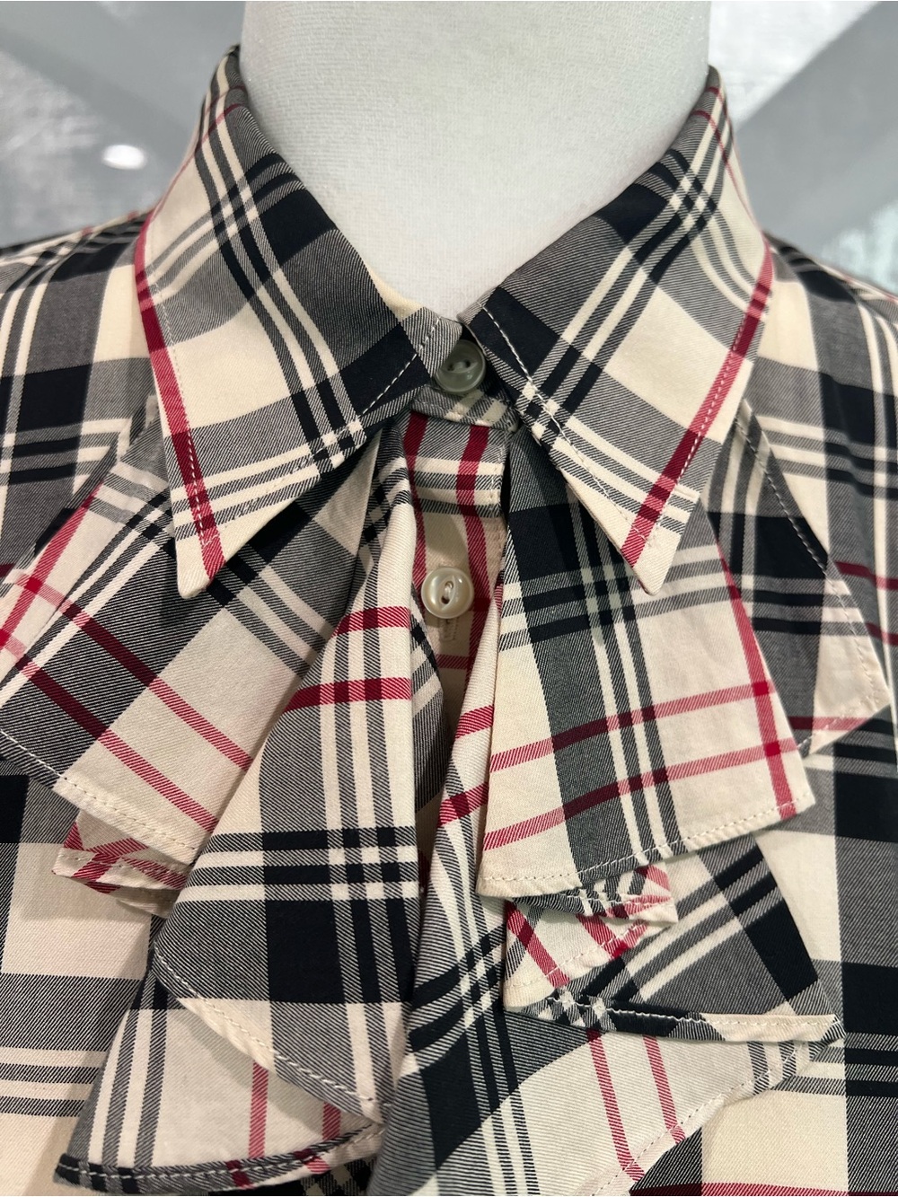 Ralph Lauren Plaid Ruffle Front Button-Up Shirt - Cream/Black/Red - Picture 3 of 12